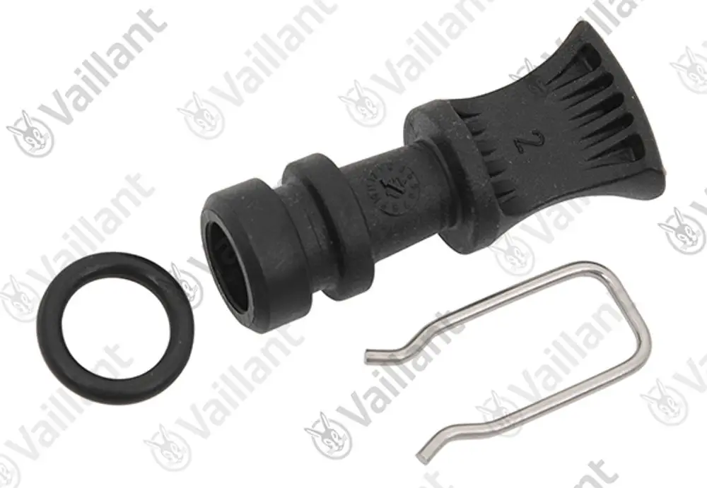 Vaillant-Komponente bestehend aus einem Stopfen, einem O-Ring und einem Clip, alle in Schwarz. Die Teile sind für Installationen oder Reparaturen konzipiert.